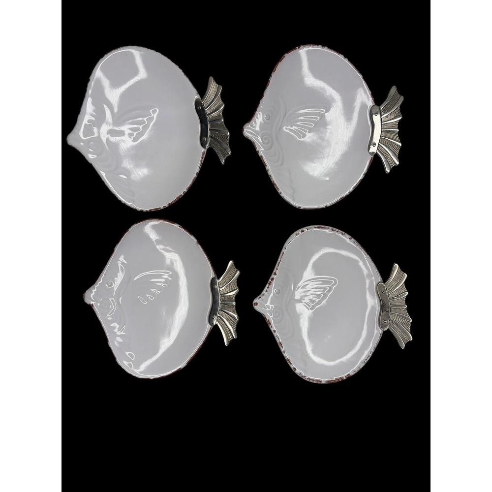 Mud Pie Sanibel Coral Reef Flounder Plates Silver Metal Fin Set‎ of 4